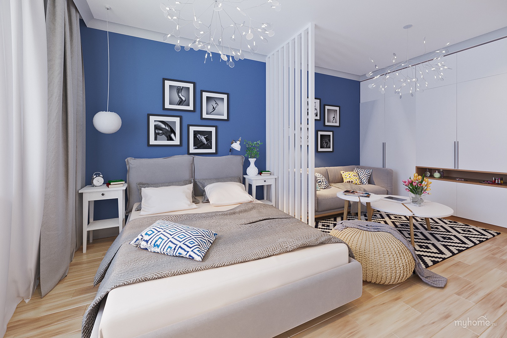 Синяя спальня в скандинавском стиле
